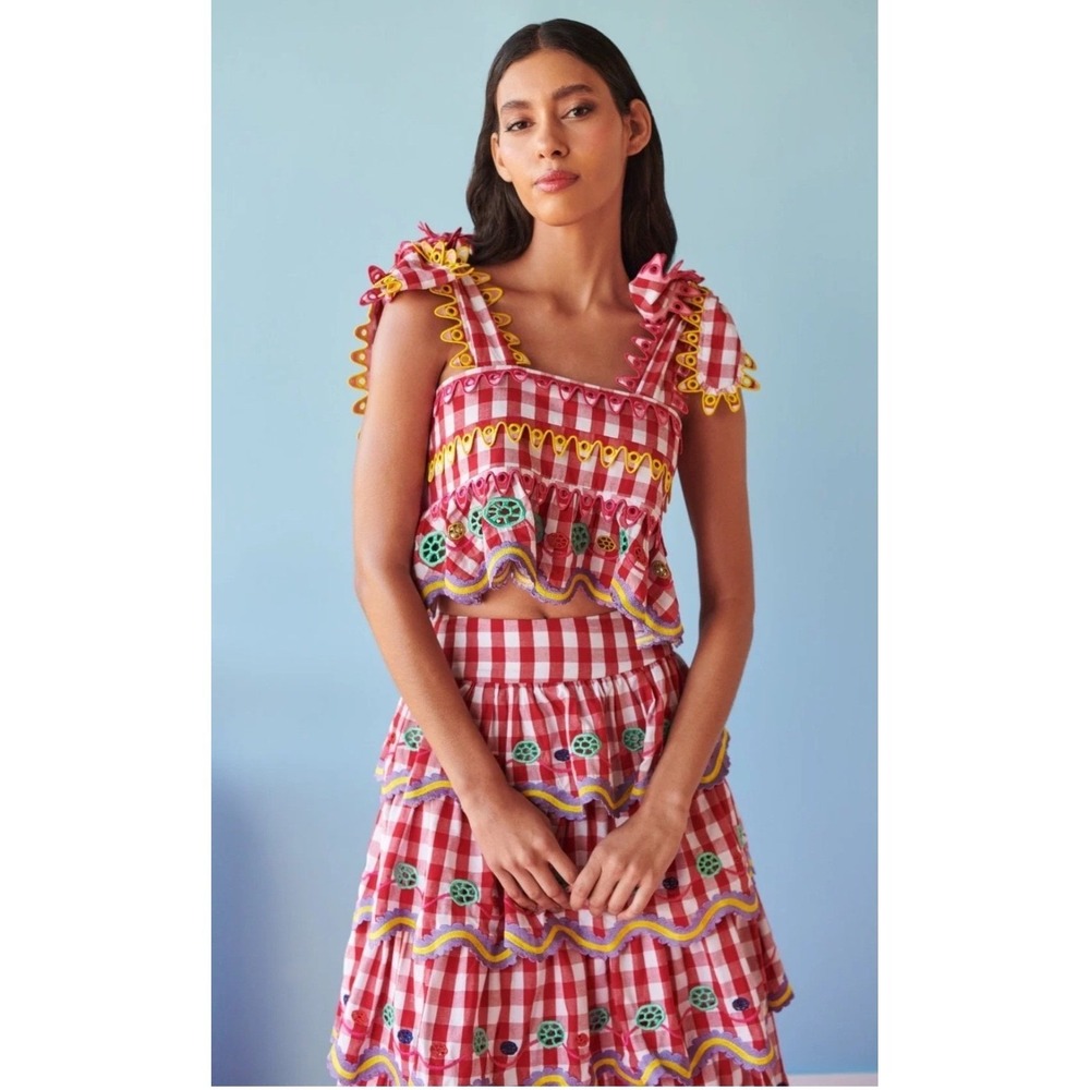 Celia B Aventura Top Red Gingham Embroidered Scalloped Tie Strap Peplum XS
